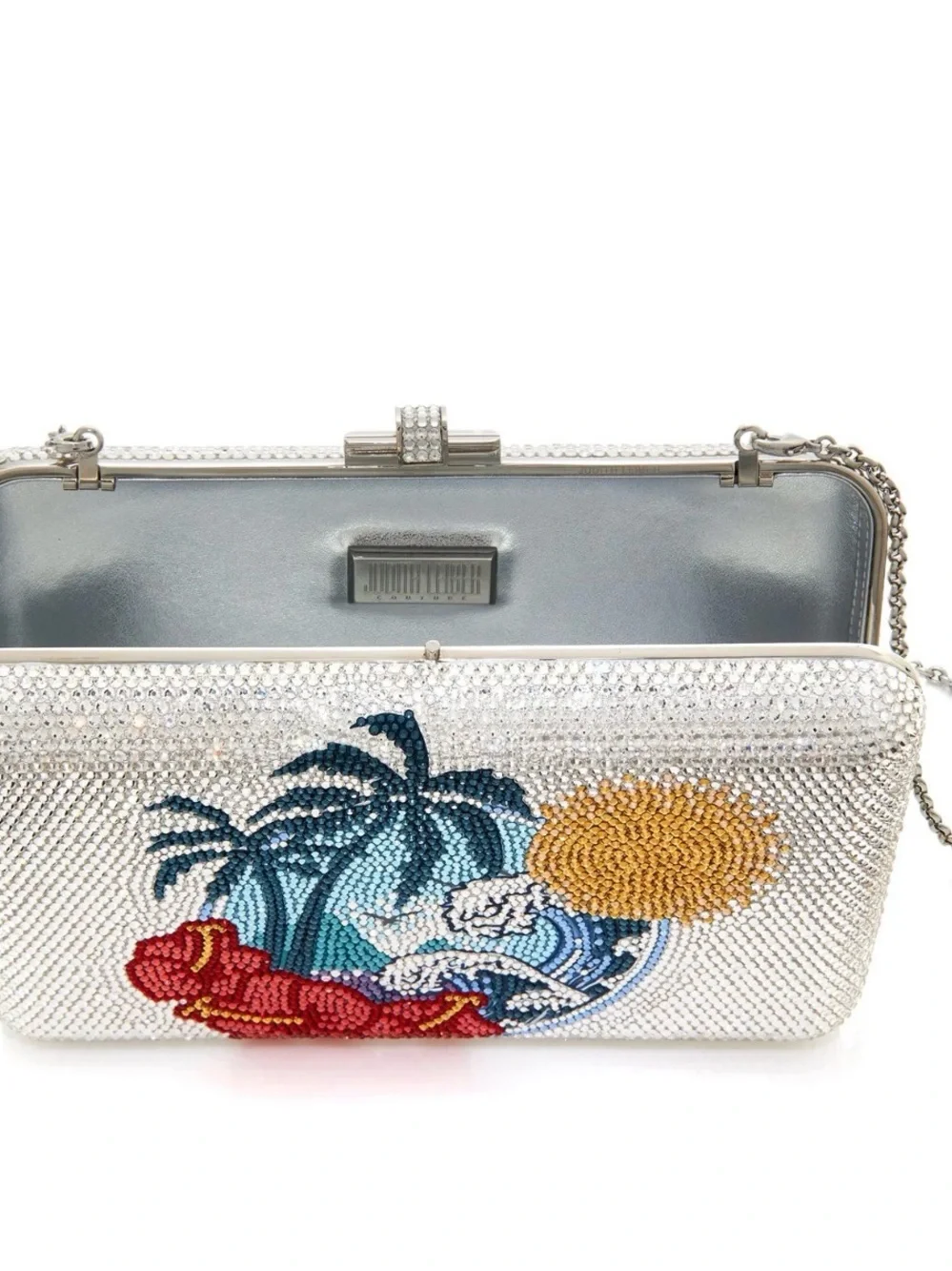 Judith Leiber White Crystal Tropical Wave Minaudière with Red Hibiscus